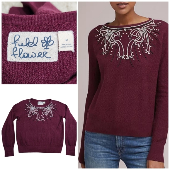 Anthropologie Field Flower Pearled Bow Beaded Sweater Wool Blend Burgundy Sz Med - Picture 1 of 12